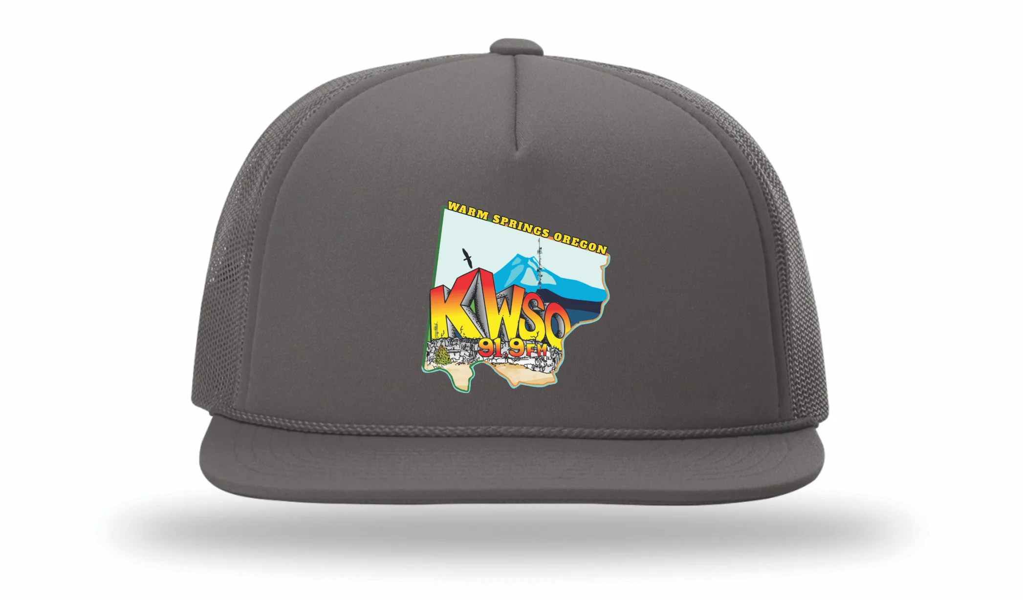 Charcoal flat-brim cap with a full-color KWSO logo